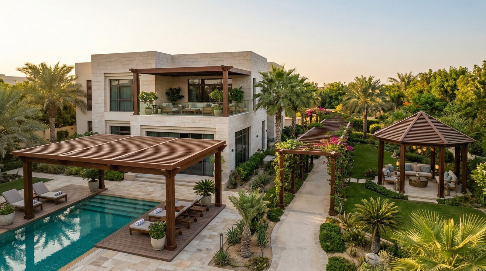 UAE residential compound showing four Karnak-built pergola types — pool deck, terrace, walkway, and pavilion in matching timber finish