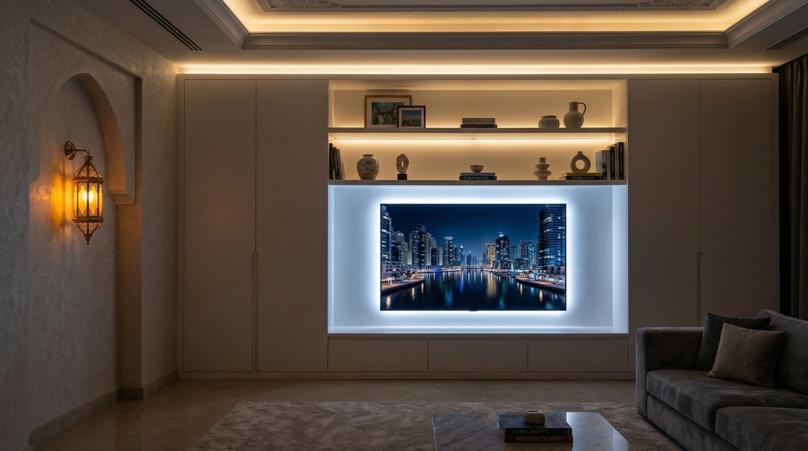 LED-integrated built-in media wall with multi-zone shelf and TV halo lighting in Dubai villa living room, custom illuminated joinery UAE