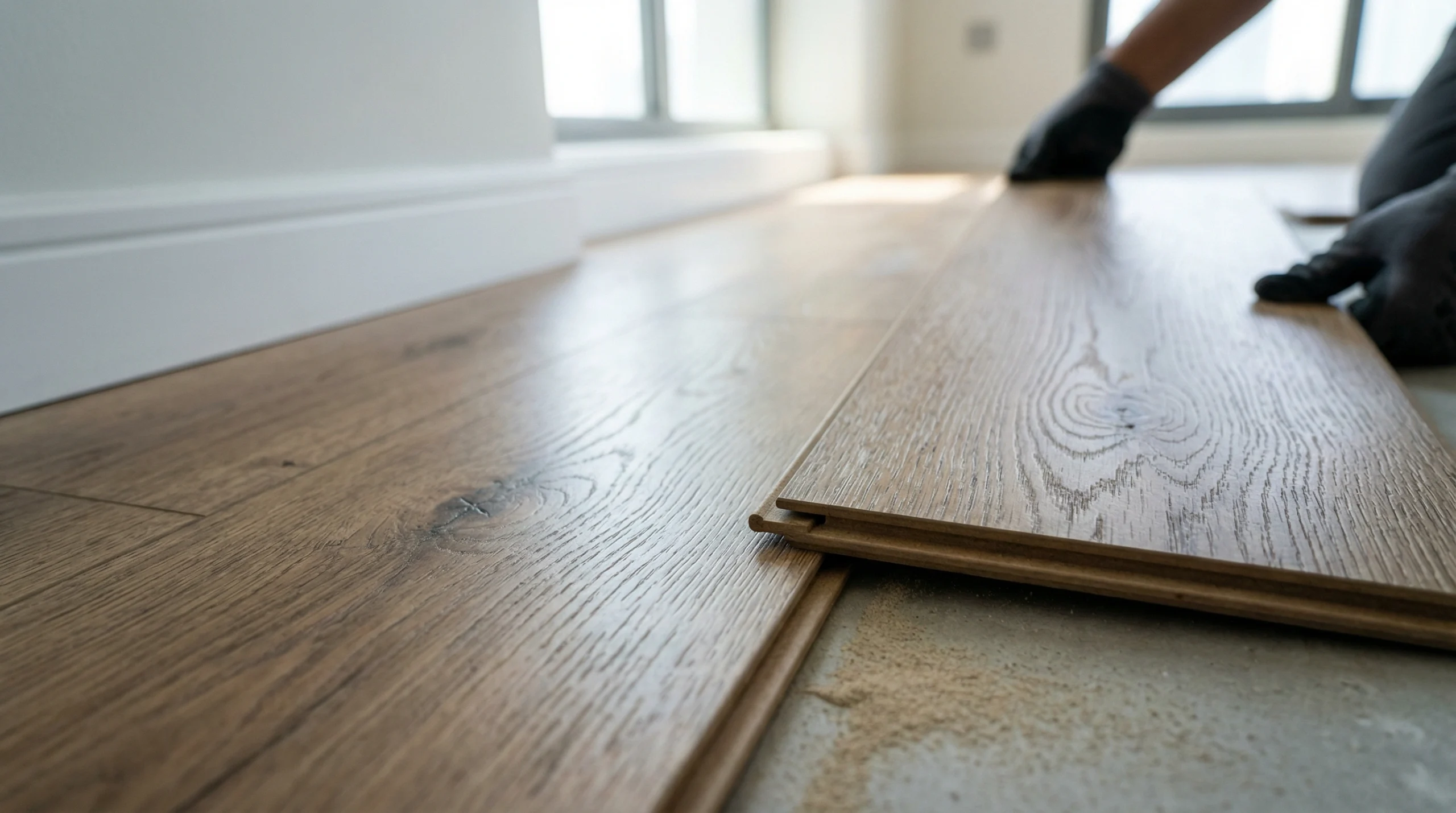 Rustic oak laminate plank click-joint connection installed in a Dubai Marina apartment by Karnak Carpentry