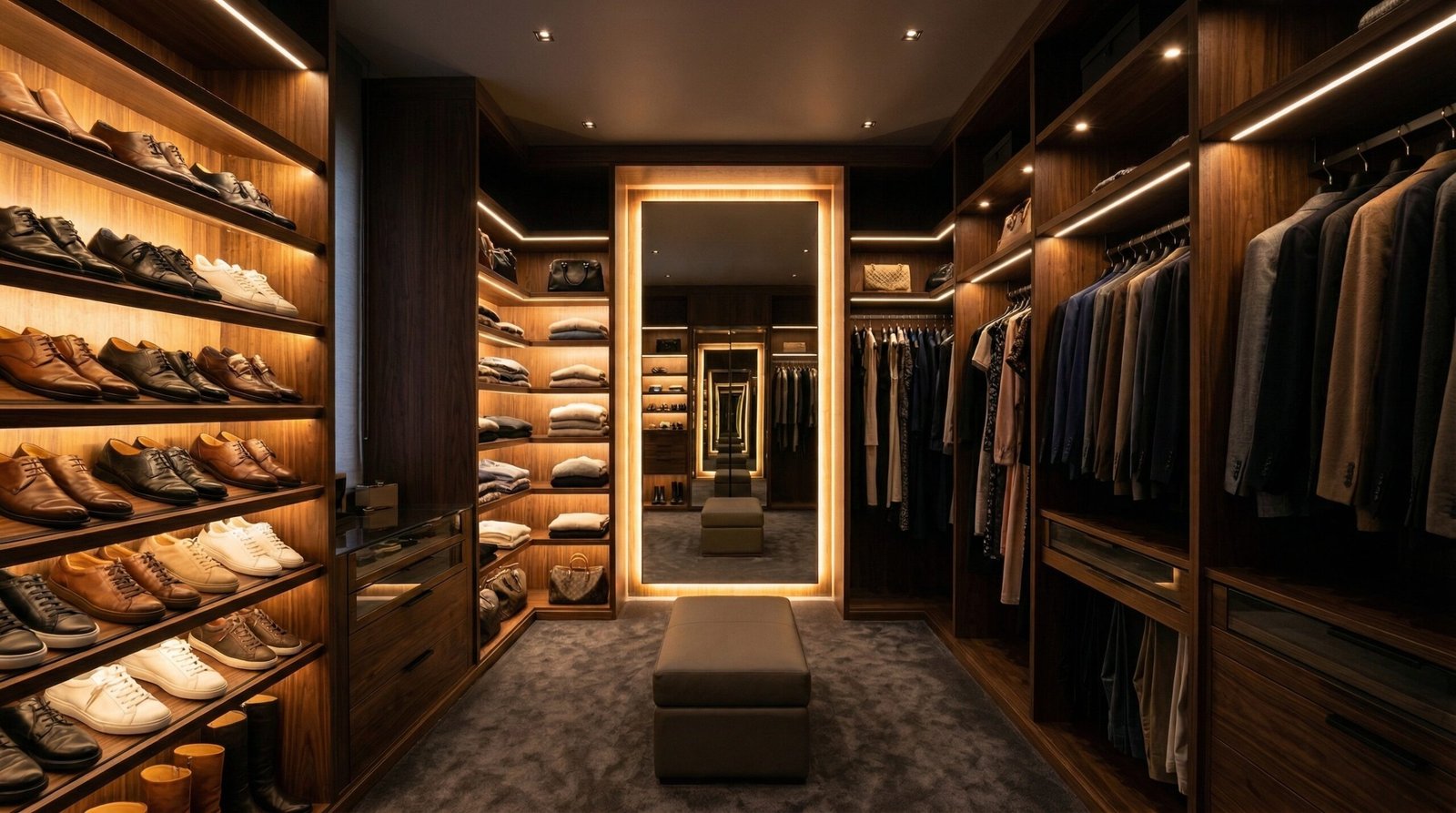 Integrated LED strip, recessed spotlight and backlit mirror lighting system in completed walk-in closet at Emirates Hills villa by Karnak Carpentry UAE