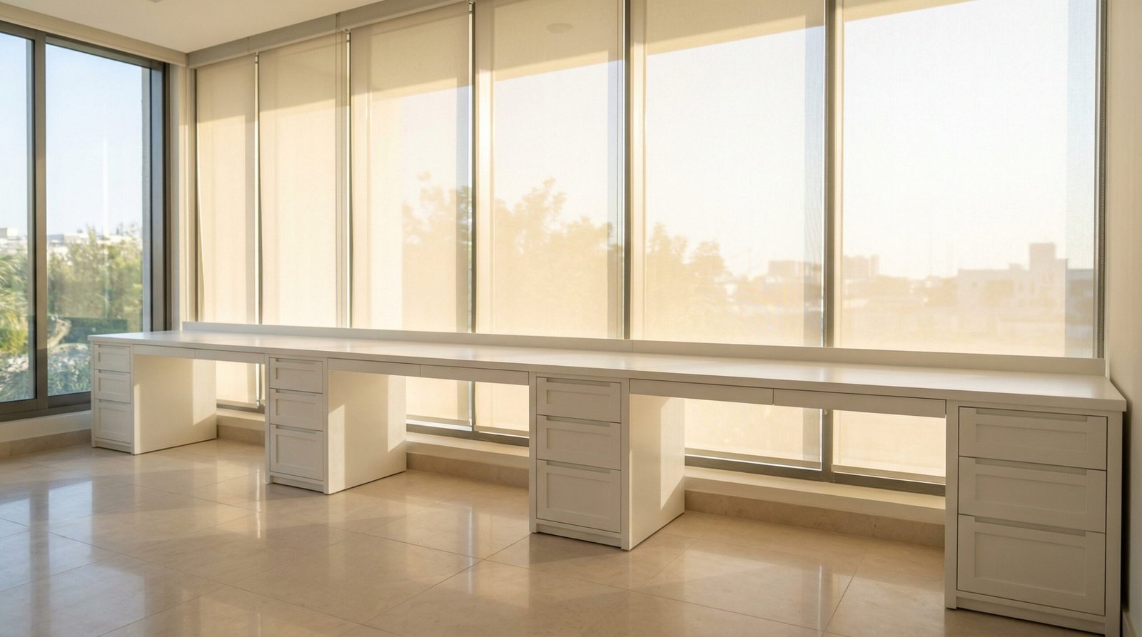 Long Custom Built Multi Person Workspace Desk Seamlessly Fitted Along A Window Wall In Uae.