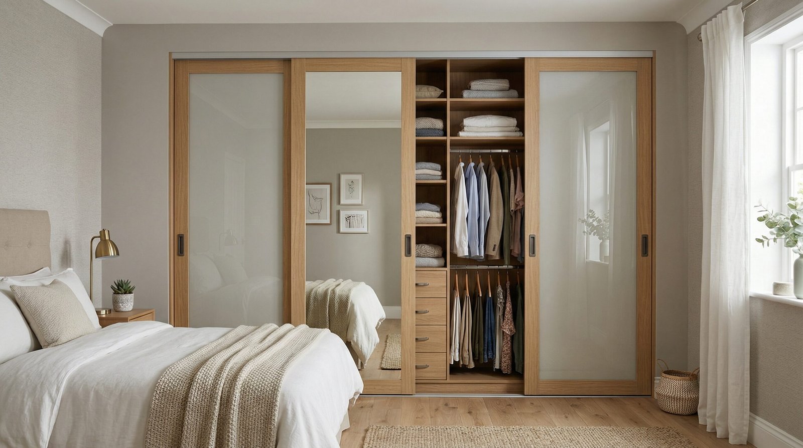 Sliding wardrobe material specification board with UV-stable lacquer, moisture-resistant MDF and marine-grade aluminium track for Dubai Gulf climate by Karnak Carpentry