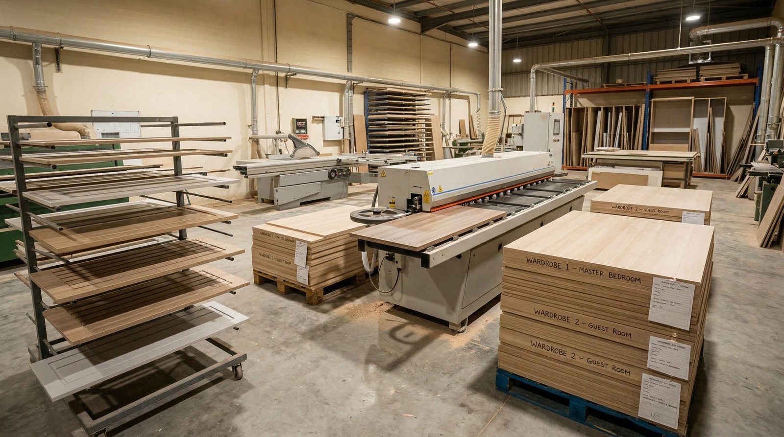 Wardrobe carcass panels and CNC-routed door fronts in production at Karnak Carpentry Al Quoz Dubai workshop during material fabrication stage
