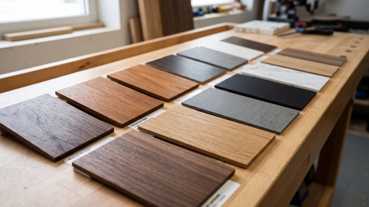 Close-up of premium wood veneer and laminate samples for material selection in retail shop fitting.