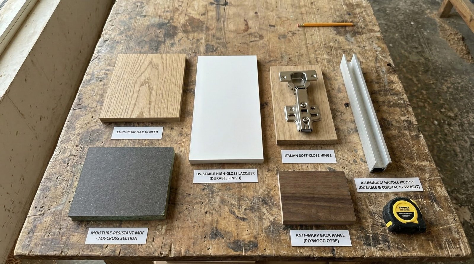 Wardrobe material samples including European oak veneer, moisture-resistant MDF and UV-stable lacquer for Gulf climate specification at Karnak Carpentry Dubai
