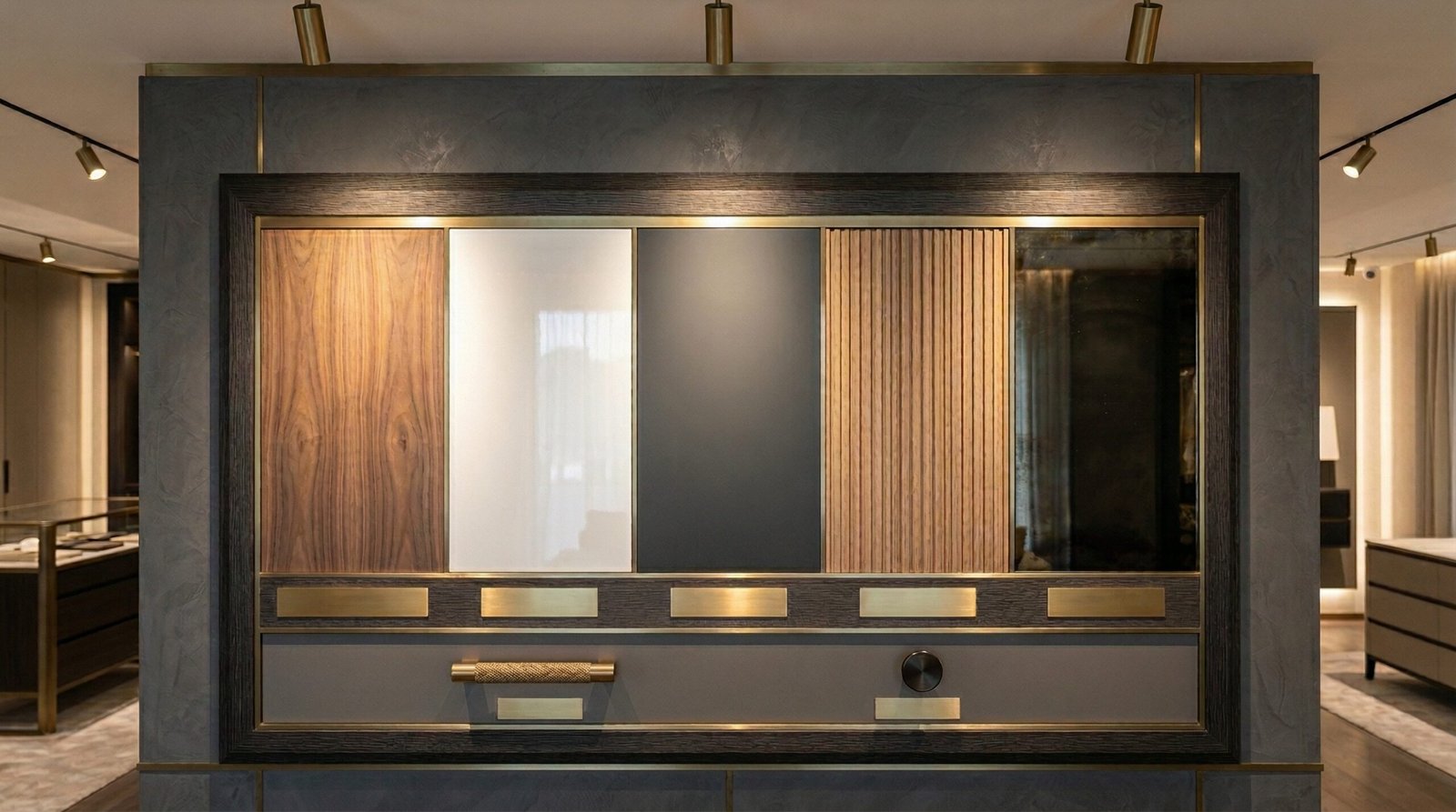 Walk-in closet material and finish display panel with walnut veneer, gloss lacquer, fluted oak and smoked bronze mirror options in Karnak Carpentry Dubai showroom UAE