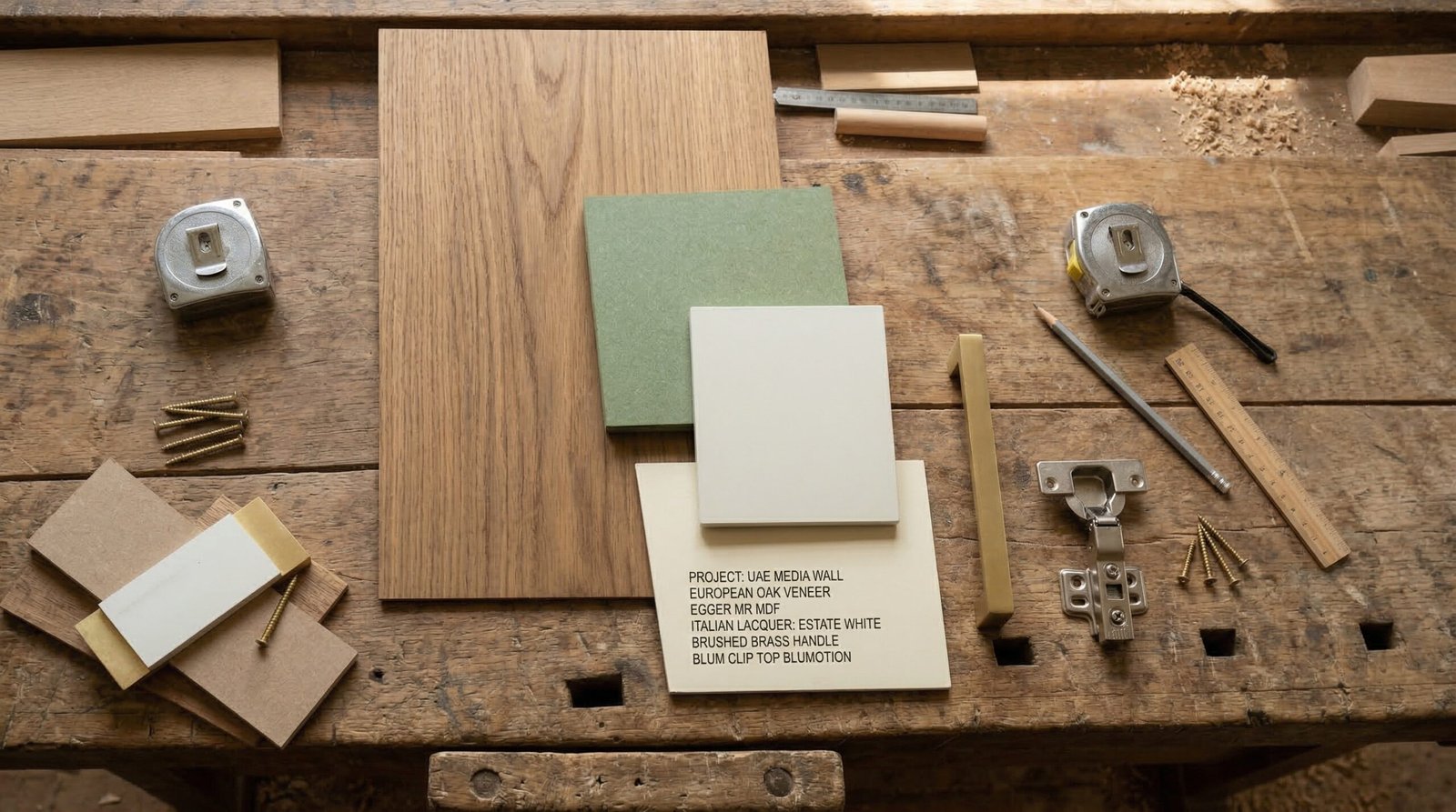 Premium European oak veneer, Italian lacquer and soft-close hardware material specification samples for UAE media wall projects by Karnak Carpentry