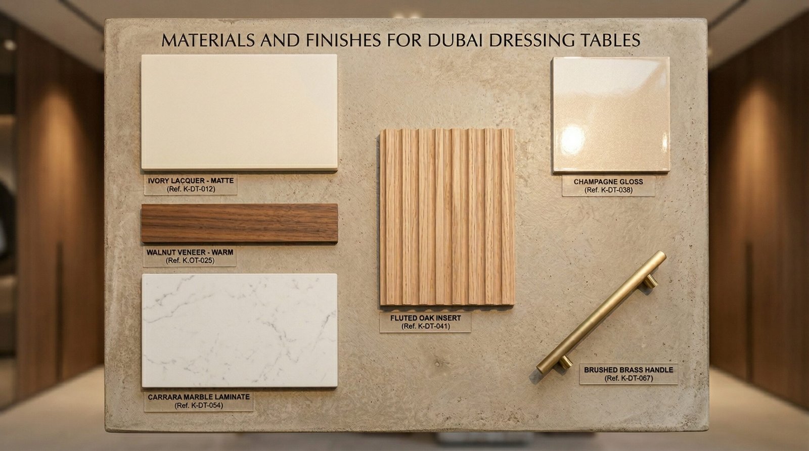 Dressing table material and finish samples including ivory lacquer, walnut veneer, marble-effect laminate and brushed brass hardware at Karnak Carpentry Dubai showroom UAE