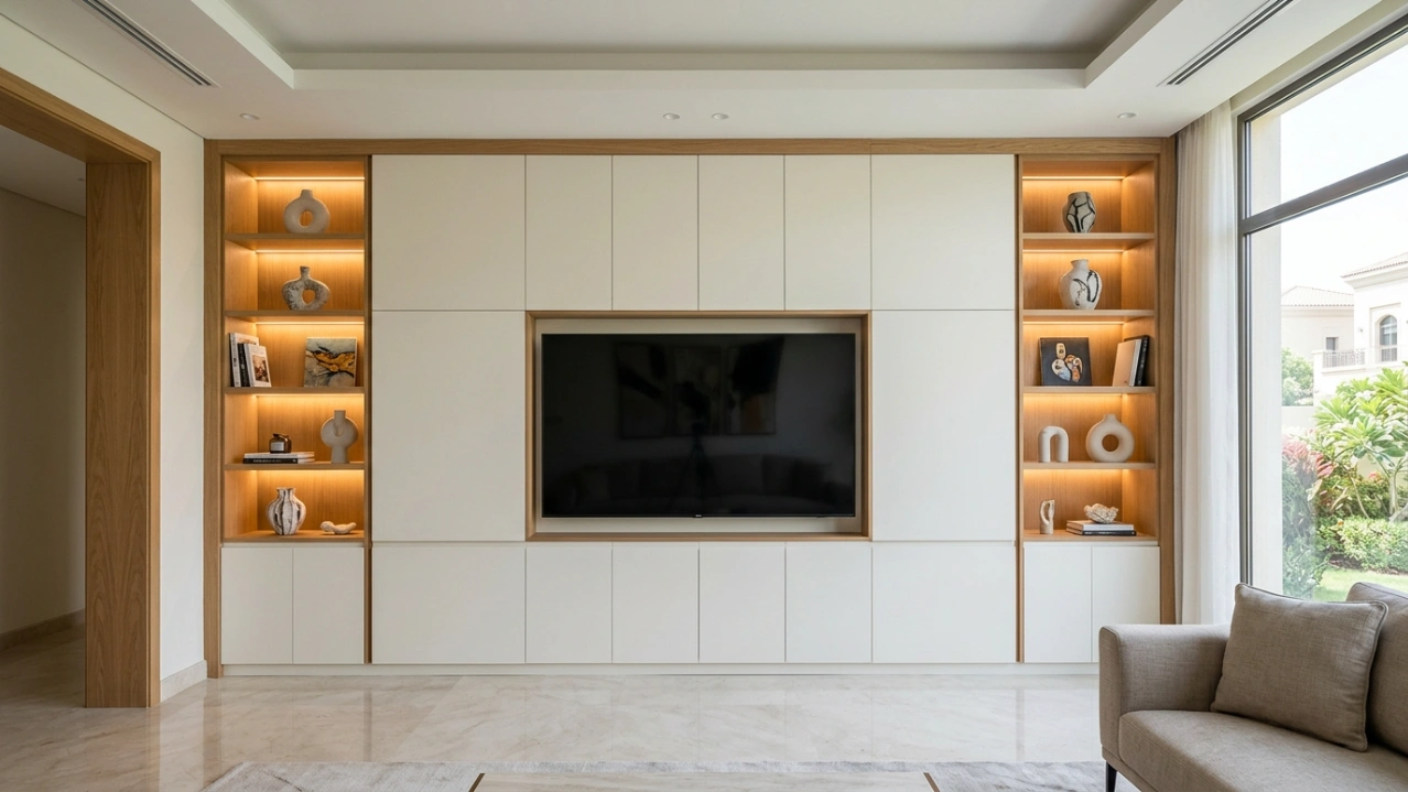 Elegant matte white and oak built-in media center and display shelves in a Meadows villa living room.