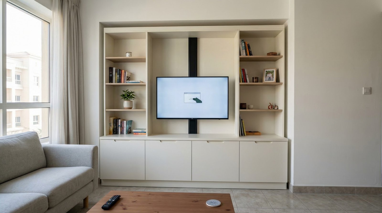 Budget-conscious off-white thermofoil media wall with cable management and practical storage installed in Mirdif apartment by Karnak Carpentry Dubai 29. Festival City Commercial: Multi-Unit Retail Display PROMPT: Photorealistic wide shot of a completed multi-unit retail display media wall installation at a Festival City Dubai commercial unit, six coordinated built-in display alcoves in gloss white lacquer spanning 6 metres, each with LED strip and product display shelf, uniform cable-managed screen recesses, polished porcelain tile floor, real Karnak commercial retail fit-out, no people. FILENAME: karnak-carpentry-festival-city-commercial-multi-unit-retail-display-wall.jpg ALT: Multi-unit retail display media wall with six coordinated LED-lit alcoves installed at Festival City Dubai commercial space by Karnak Carpentry UAE