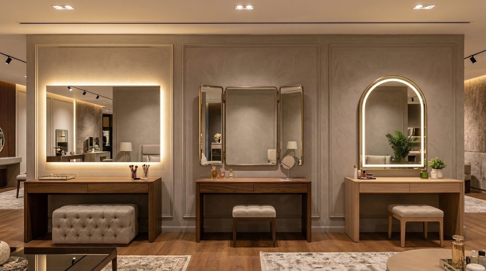 Three dressing table mirror configurations including frameless backlit, triptych hinged and arched LED border displayed in Karnak Carpentry Dubai showroom UAE