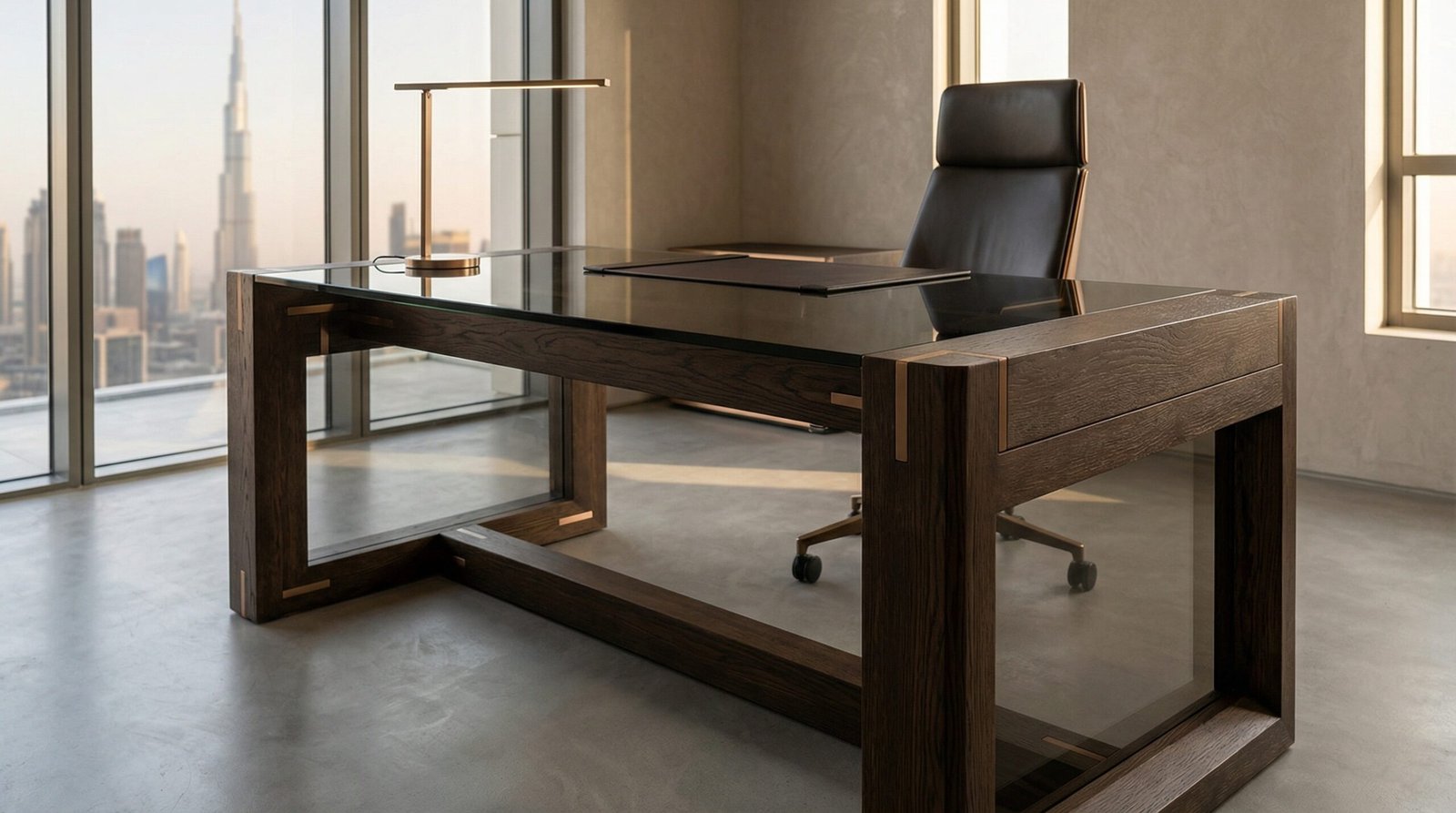 Dark Stained Oak Wood And Smoked Glass Custom Built Desk In A Modern Dubai Home Office.