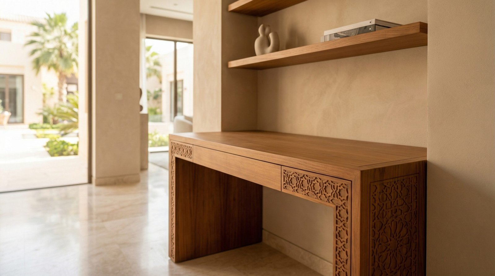 Teak Wood Custom Built In Desk With Subtle Modern Arabesque Carvings In A Premium Uae Villa.