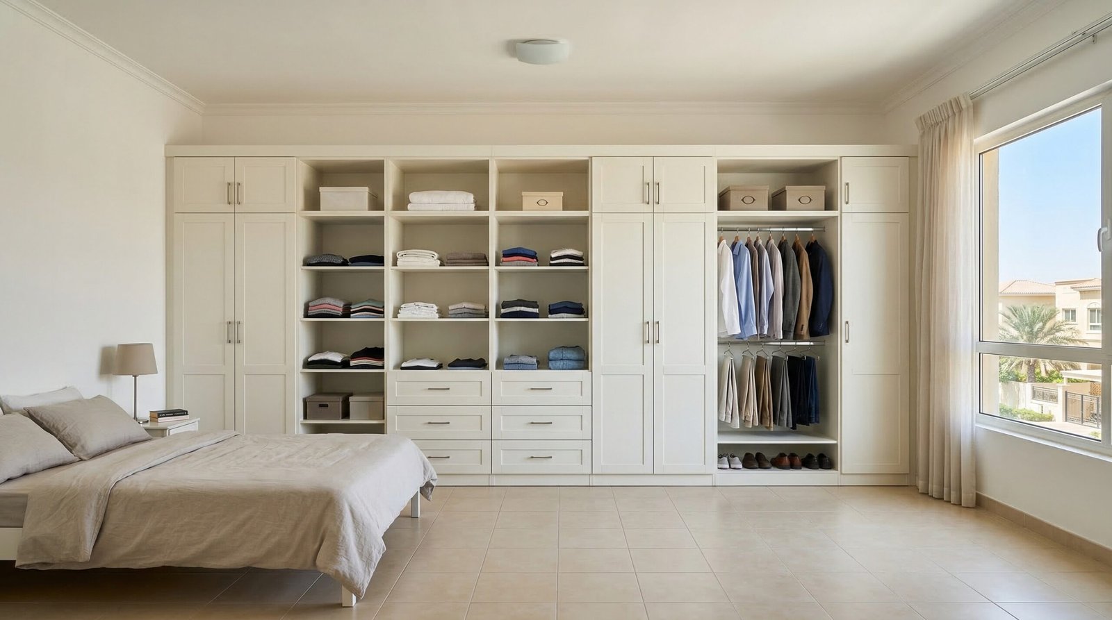 Freestanding modular wardrobe in natural oak effect with metal-leg base and push-to-open doors installed in Dubai Sports City apartment by Karnak Carpentry