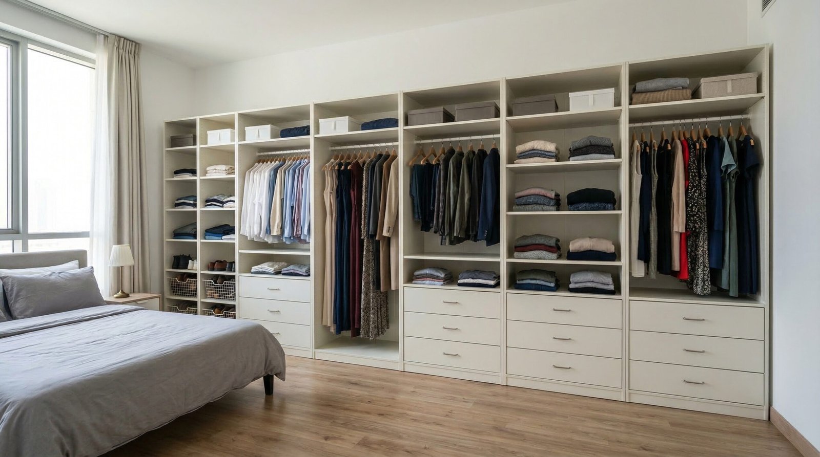 Modular wardrobe system with interchangeable shelf, rail and drawer modules in off-white installed in Mirdif apartment by Karnak Carpentry Dubai UAE