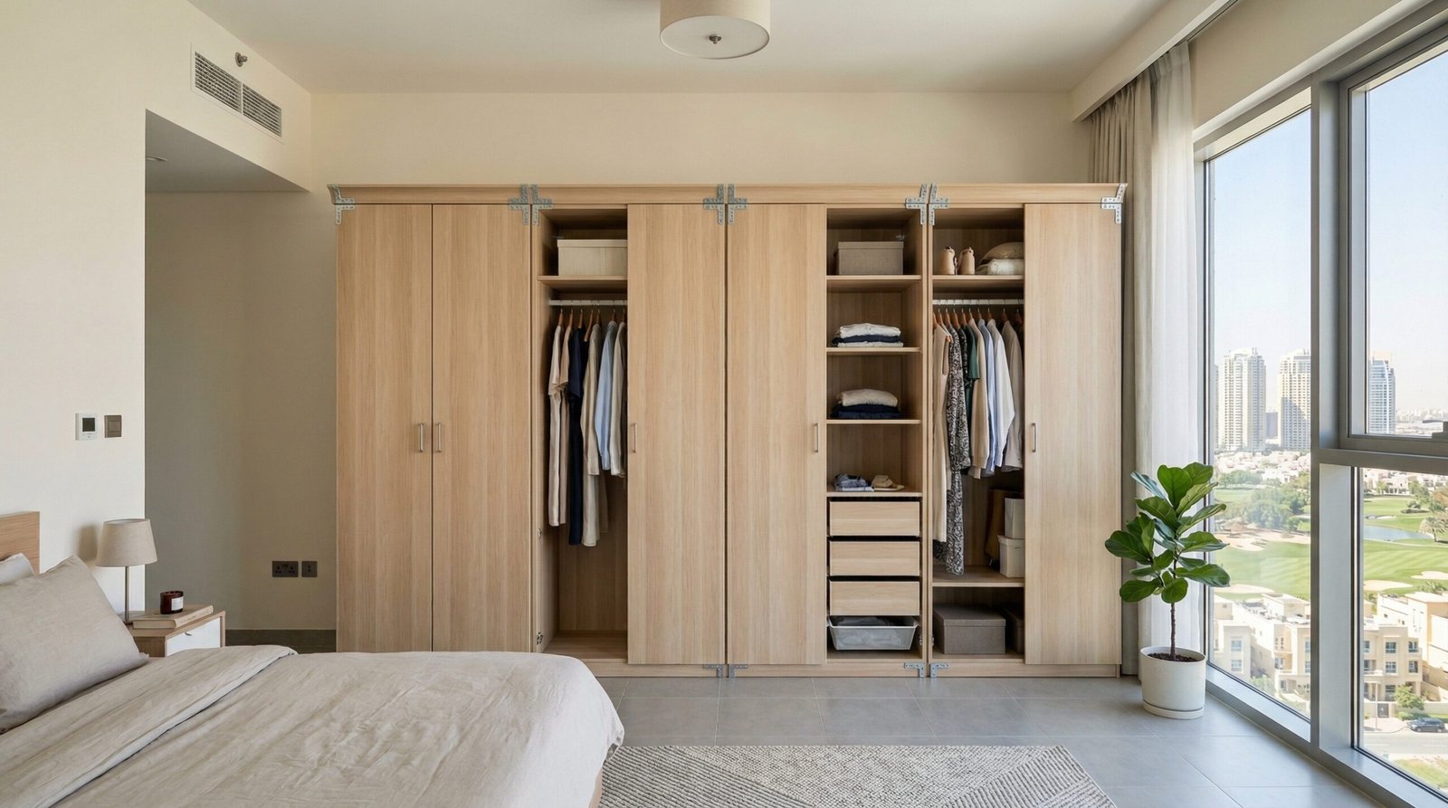 Relocatable modular wardrobe system in natural oak effect with visible connector hardware installed in Dubai Sports City apartment by Karnak Carpentry UAE