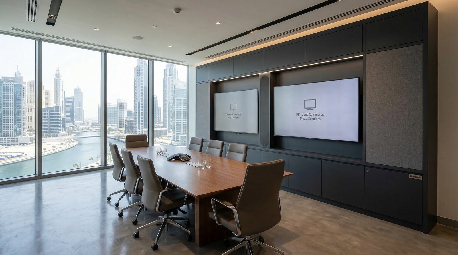 Custom built-in commercial AV media wall with dual screen recesses and cable management installed in Business Bay Dubai boardroom by Karnak Carpentry