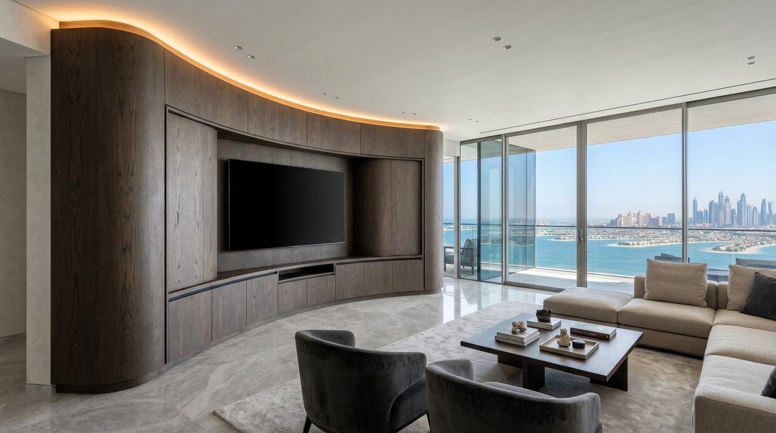 Custom curved smoked oak veneer media wall with concave arc design and LED cove lighting installed in Palm Jumeirah penthouse by Karnak Carpentry Dubai