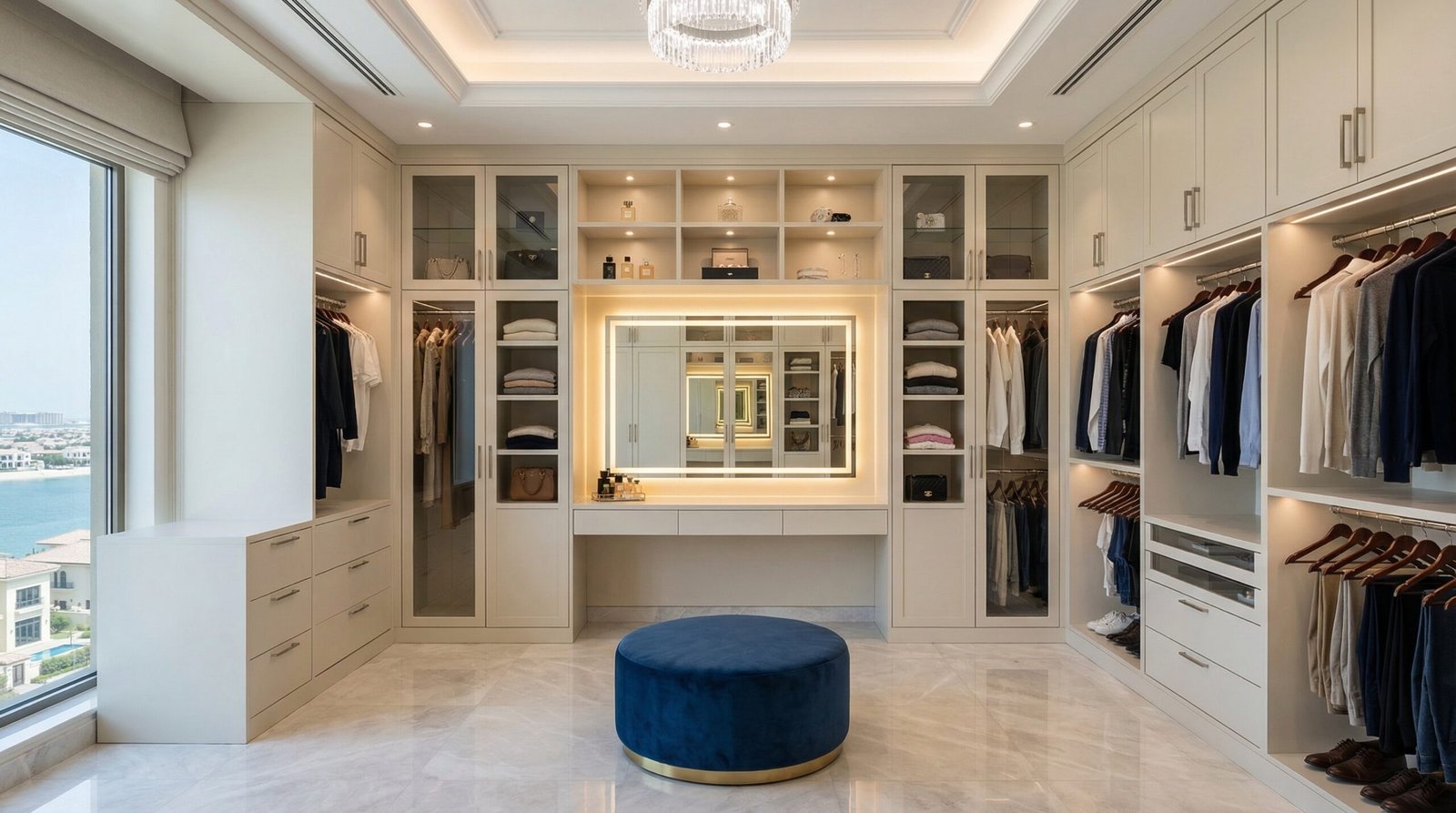 Luxury walk-in wardrobe with fully integrated built-in dressing table, backlit mirror and LED display shelving installed in Palm Jumeirah villa by Karnak Carpentry Dubai UAE