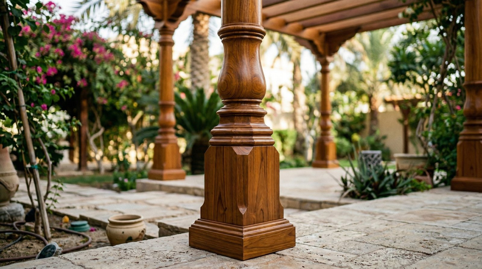 Decorative turned teak timber pergola column with chamfered profile and UV varnish finish in UAE garden installation detail