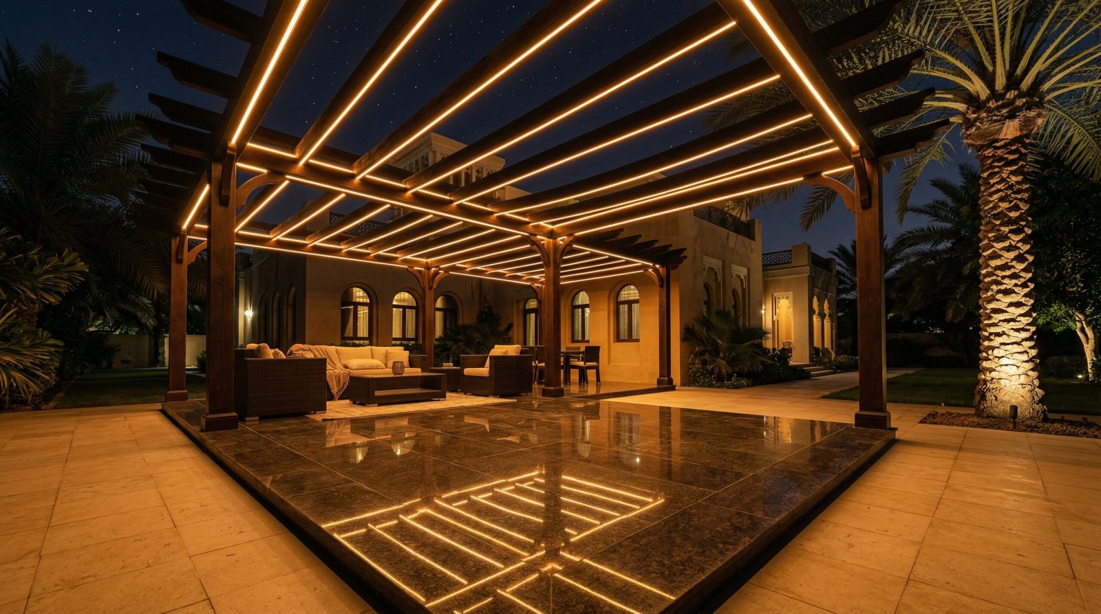 UAE villa pergola with warm amber LED beam lighting reflecting on polished granite at evening in garden setting
