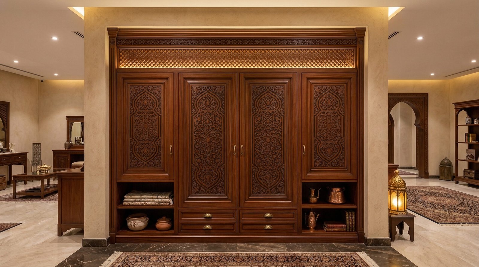 Traditional Arabic-influenced mahogany veneer wardrobe with arabesque carved inlay and antique brass handles in Karnak Carpentry Dubai showroom UAE