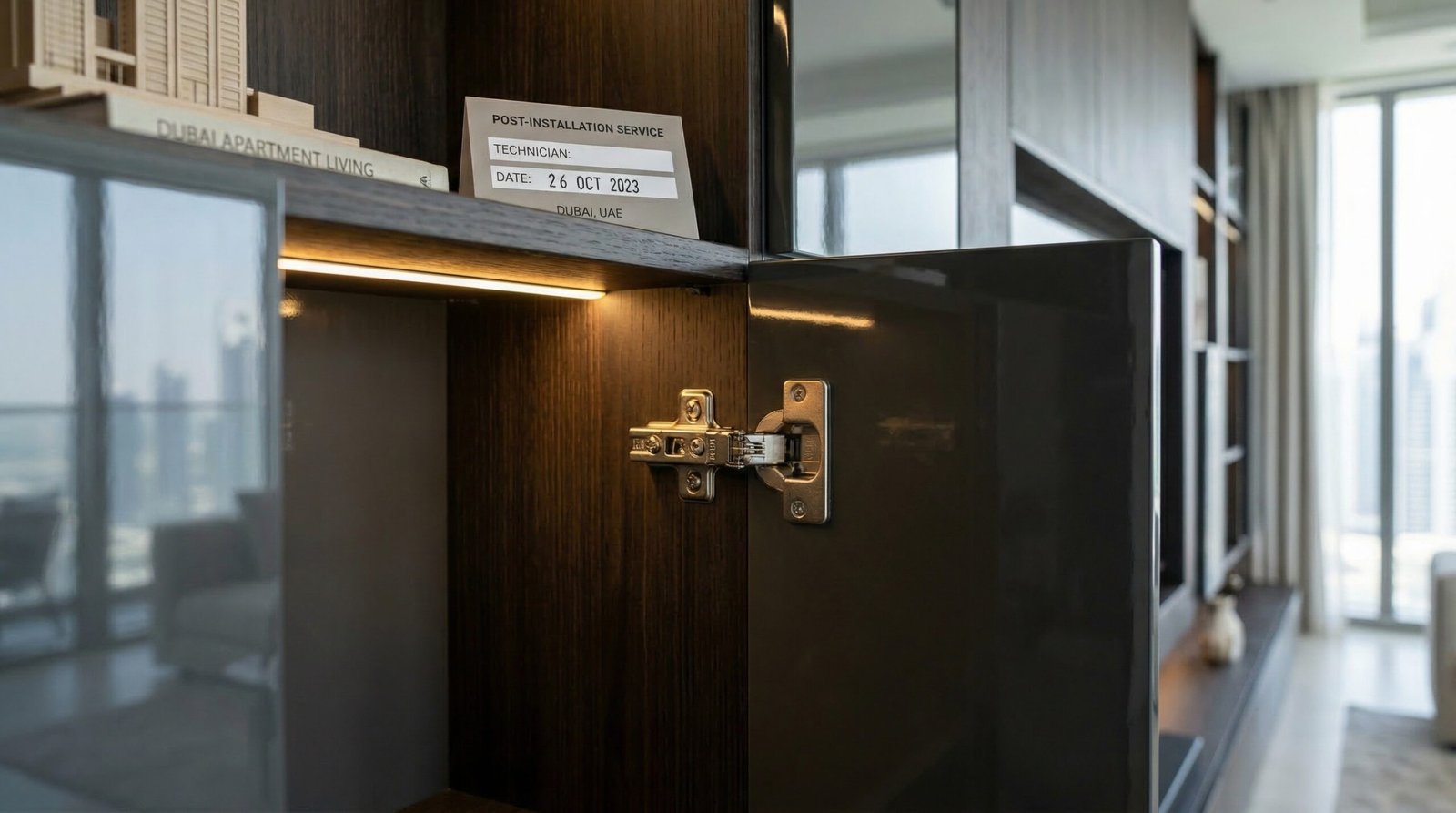 Post-installation support hinge adjustment on soft-close cabinet door of custom media wall in Dubai apartment by Karnak Carpentry service team