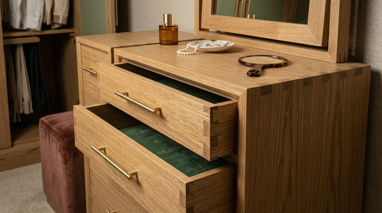 Premium dressing table dovetail drawer joint and cam-lock panel construction quality at Karnak Carpentry Al Quoz Dubai UAE workshop standard