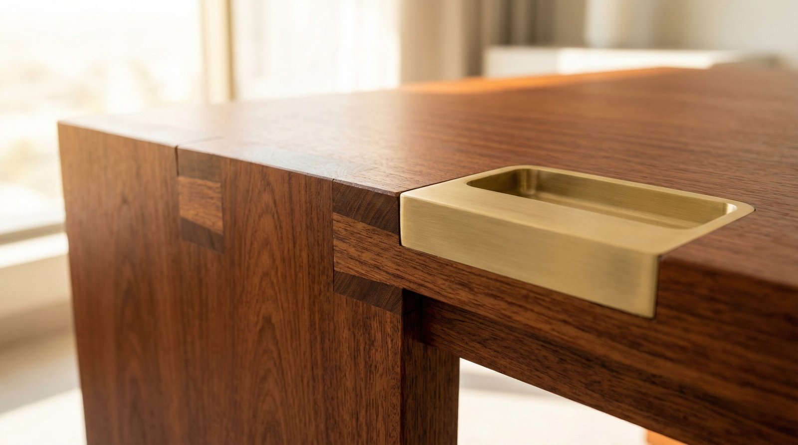 Close Up Of Premium Solid Mahogany Wood Joinery On A Custom Built Desk In A Dubai Home.