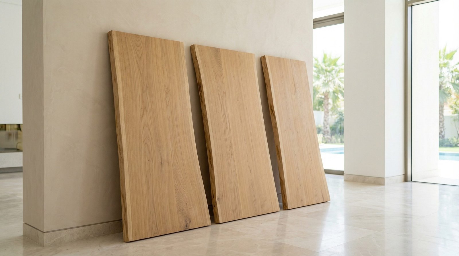 Flawless Pieces Of Premium Finished Oak Timber Ready To Be Assembled Inside A Bright Uae Villa.