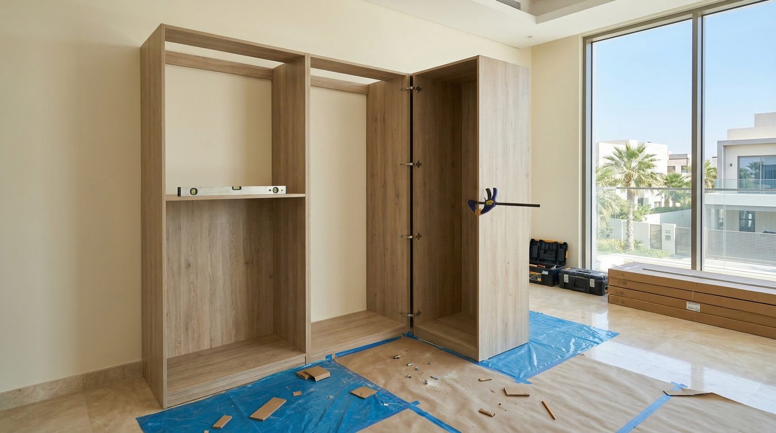 Professional wardrobe installation in progress with wall-fixed carcasses and connecting hardware at Dubai villa bedroom by Karnak Carpentry UAE