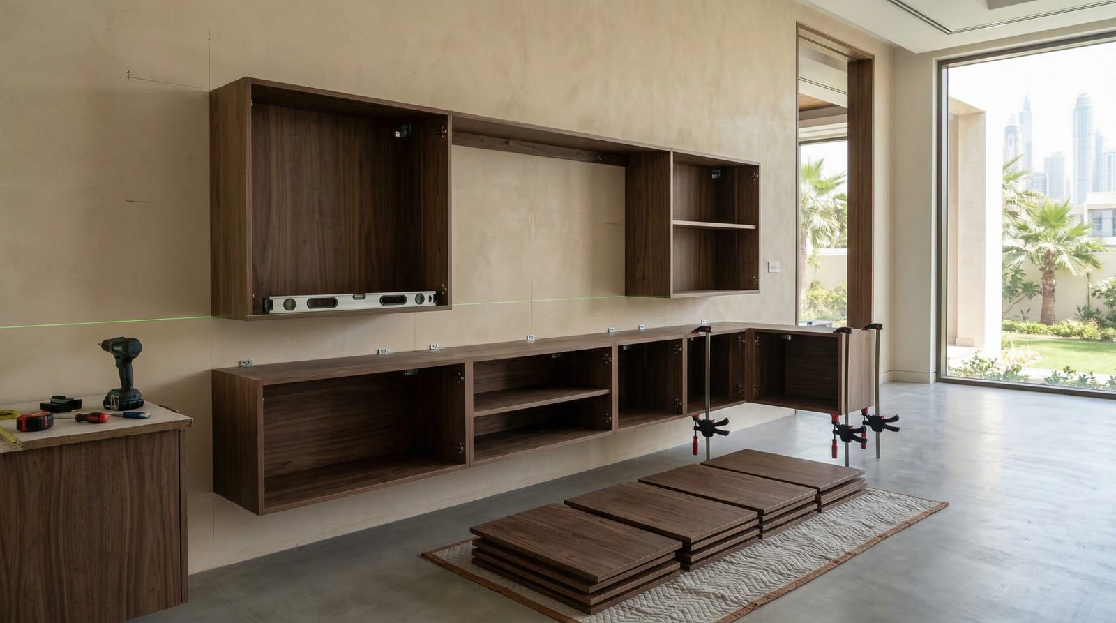 Professional media wall installation in progress with wall-mounted cabinet carcasses at Dubai villa by Karnak Carpentry UAE