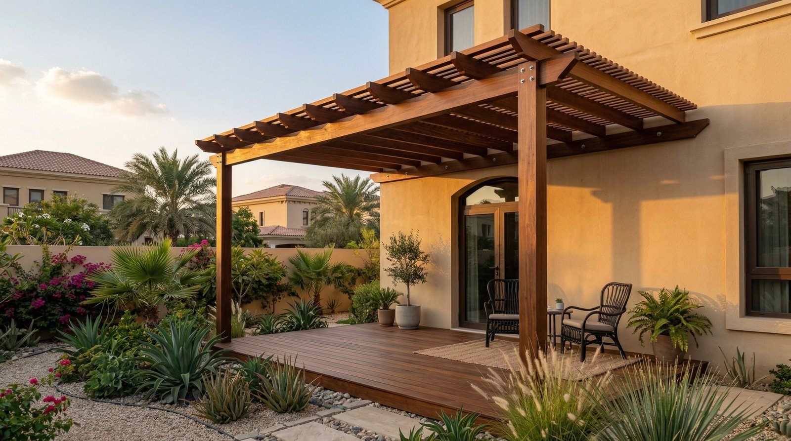 Attached hardwood terrace pergola mounted to Arabian Ranches villa rear elevation with matching iroko decking in Dubai