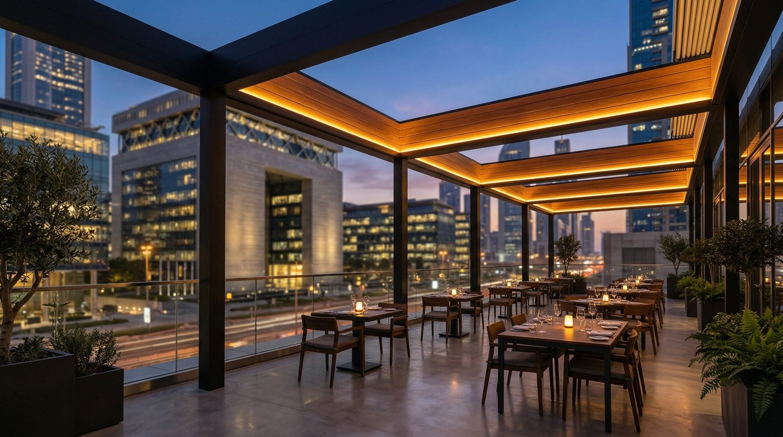 Custom aluminium and timber composite pergola canopy with integrated LED lighting over DIFC restaurant outdoor terrace Dubai