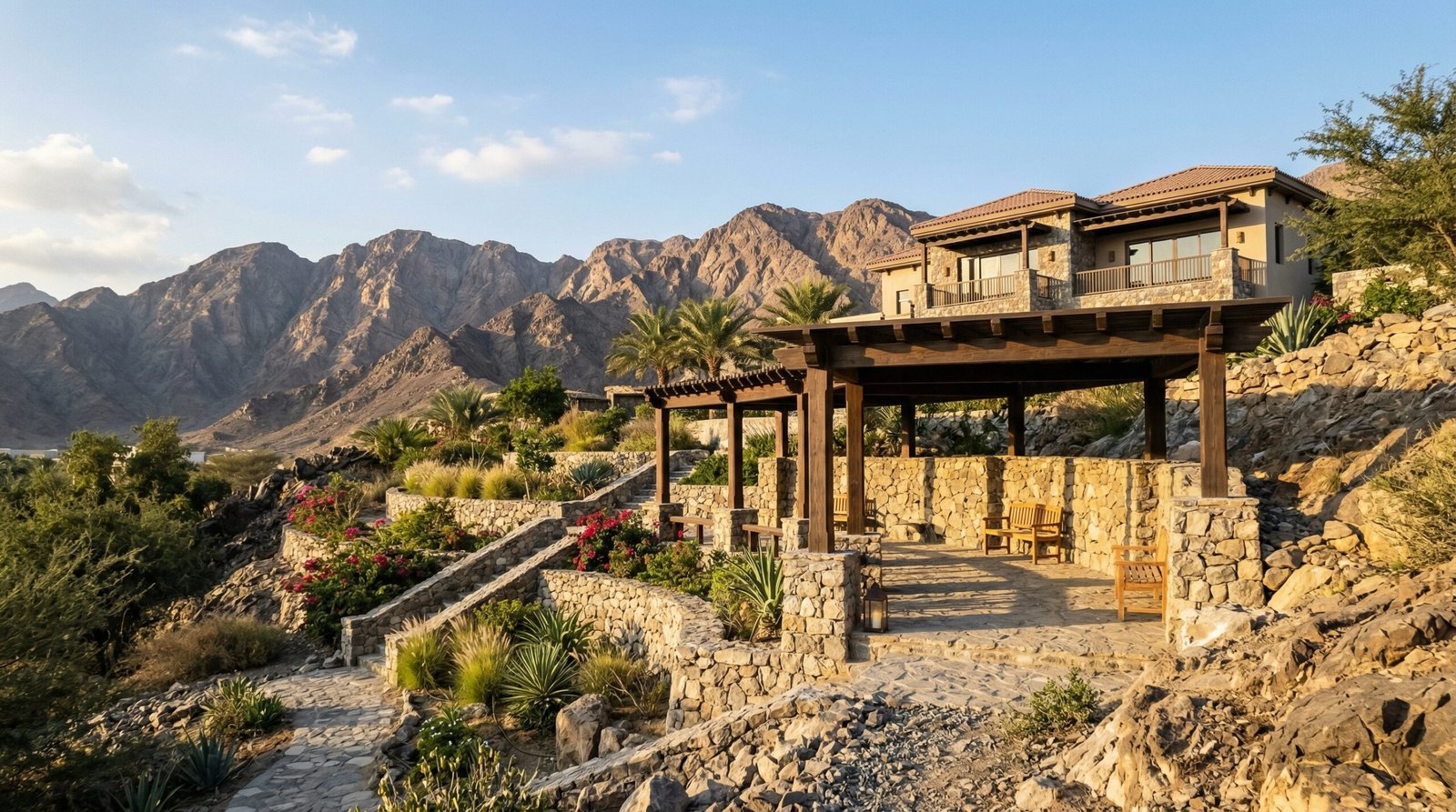 erraced hillside garden pergola at Fujairah villa with timber beams spanning stone pillar bases against Hajar Mountain backdrop