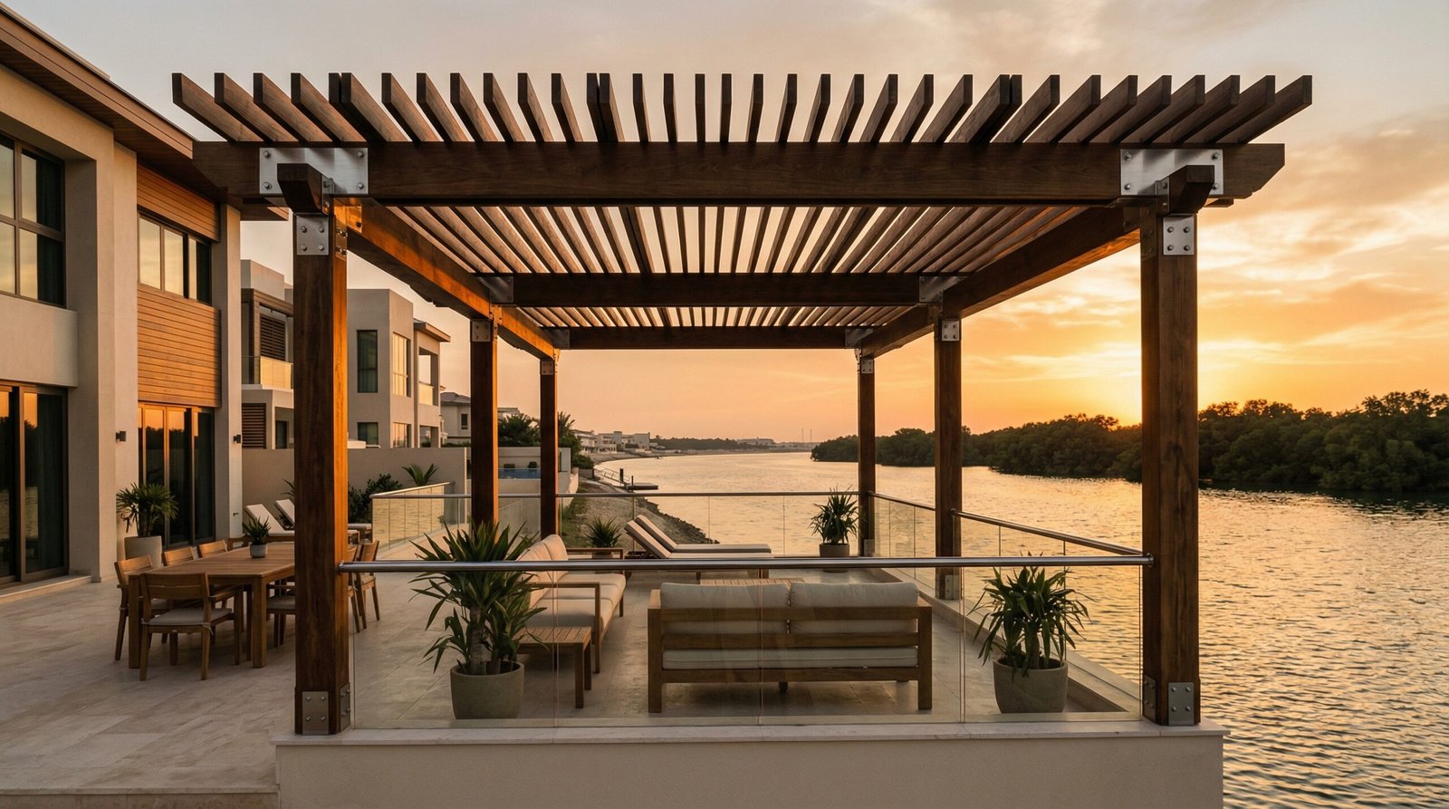 Marine-grade hardwood coastal pergola system at Ras Al Khaimah waterfront villa overlooking Gulf water at golden hour