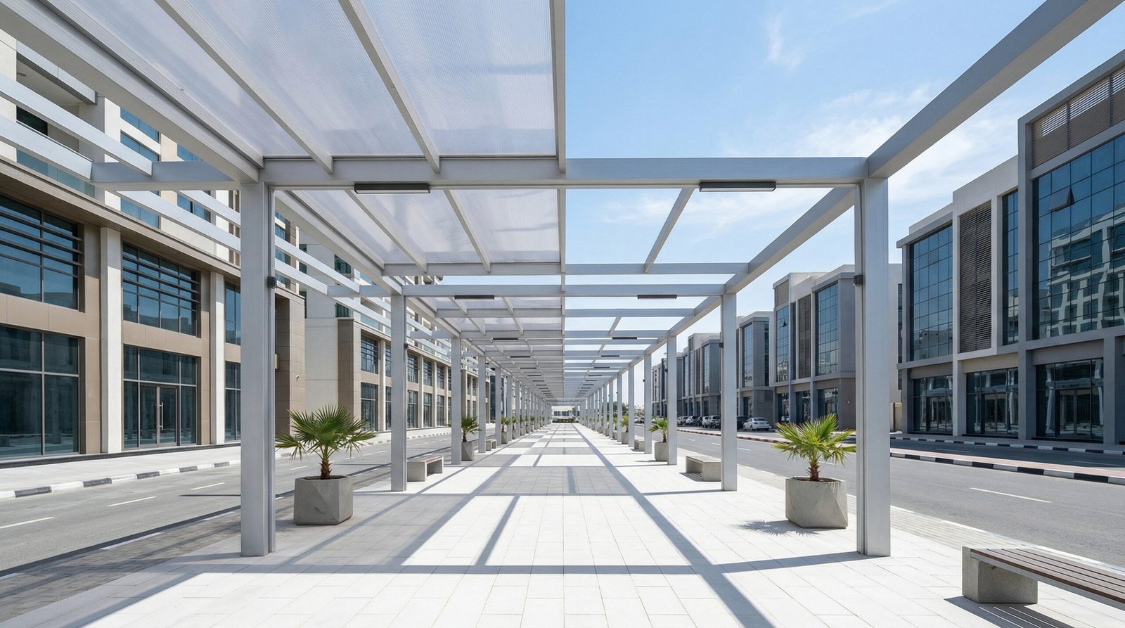 Large-scale aluminium public realm pergola shading corridor installed in Sharjah commercial development streetscape