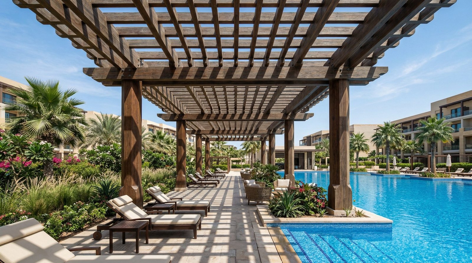 Grand timber pergola shade structure spanning luxury resort pool deck in Abu Dhabi with double-layer beam grid and palms