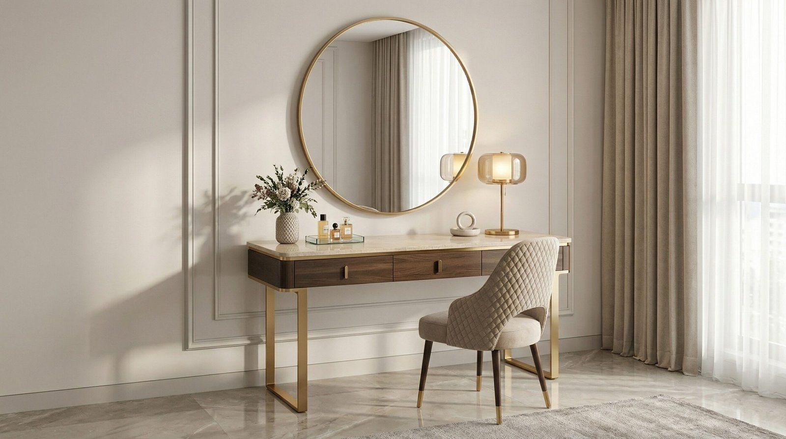 Recent Karnak Carpentry dressing table projects across UAE display showing installations in Business Bay, Palm, Sharjah, RAK, Abu Dhabi and Arabian Ranches