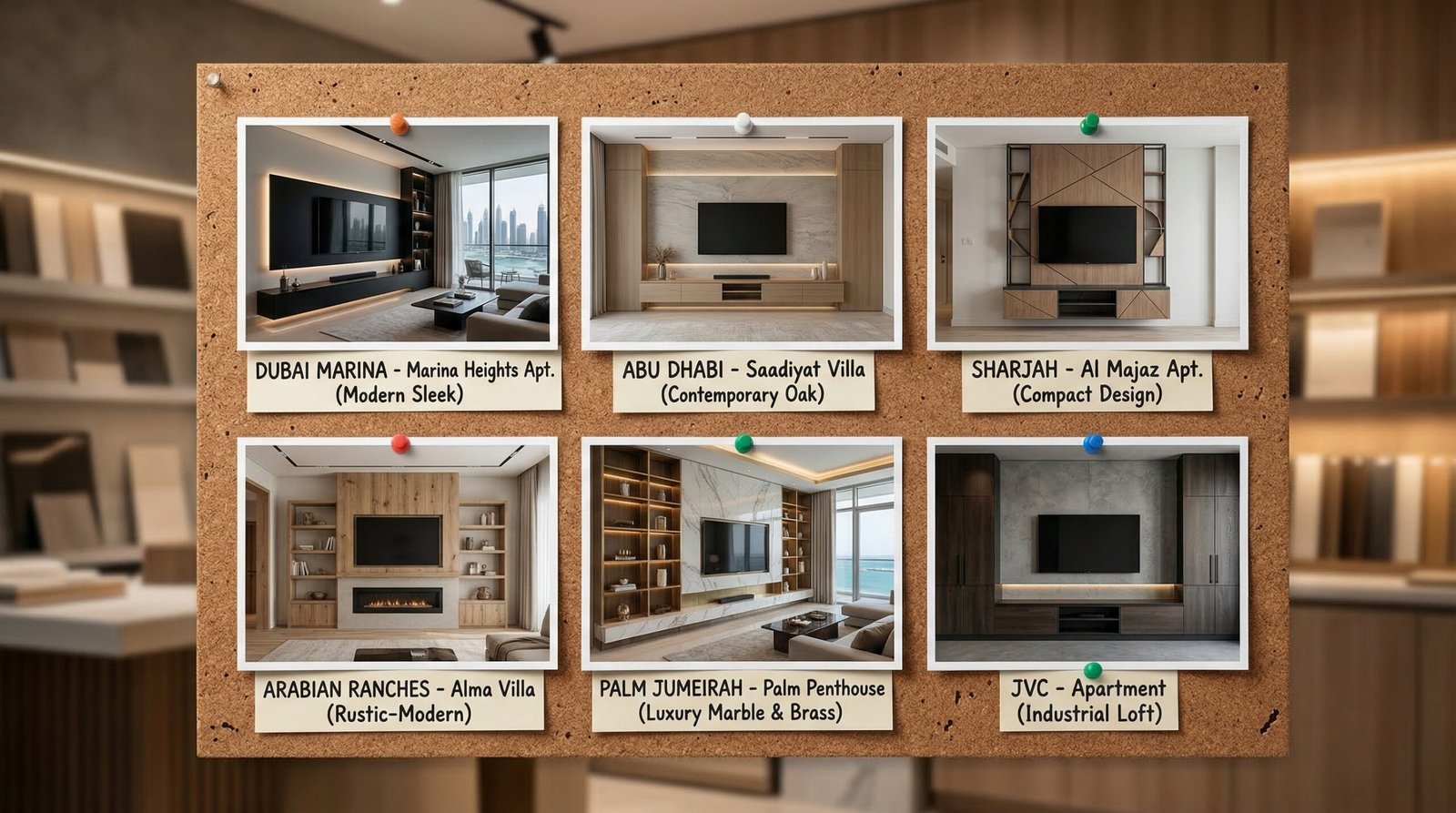 Recent Karnak Carpentry media wall projects across UAE communities including Dubai Marina, Abu Dhabi, Sharjah and Arabian Ranches portfolio display