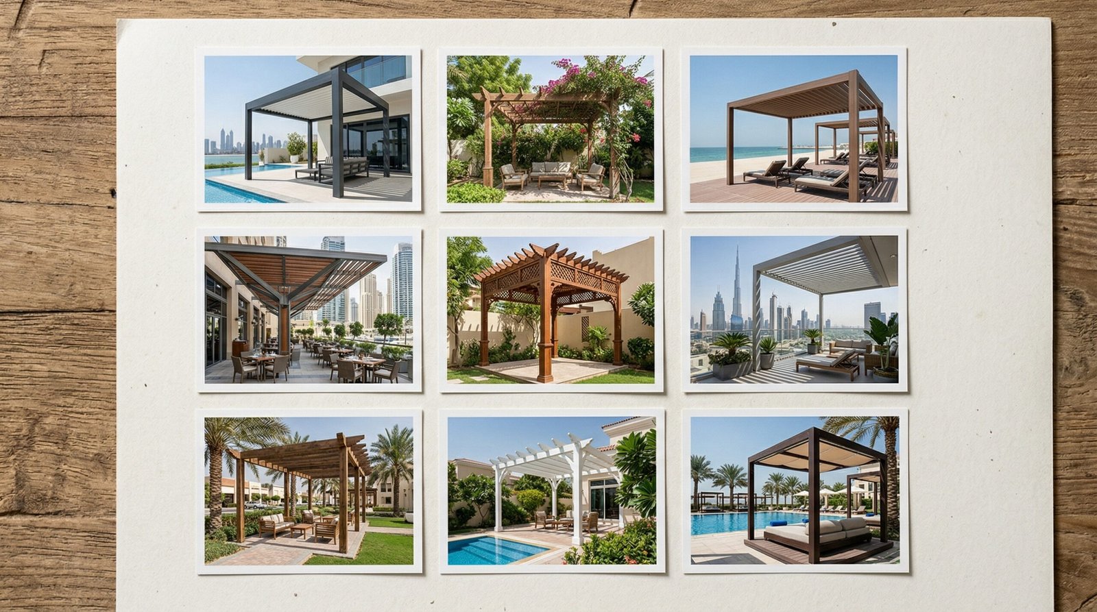 Portfolio grid showing nine recent completed pergola projects across UAE in various styles from timber to aluminium commercial