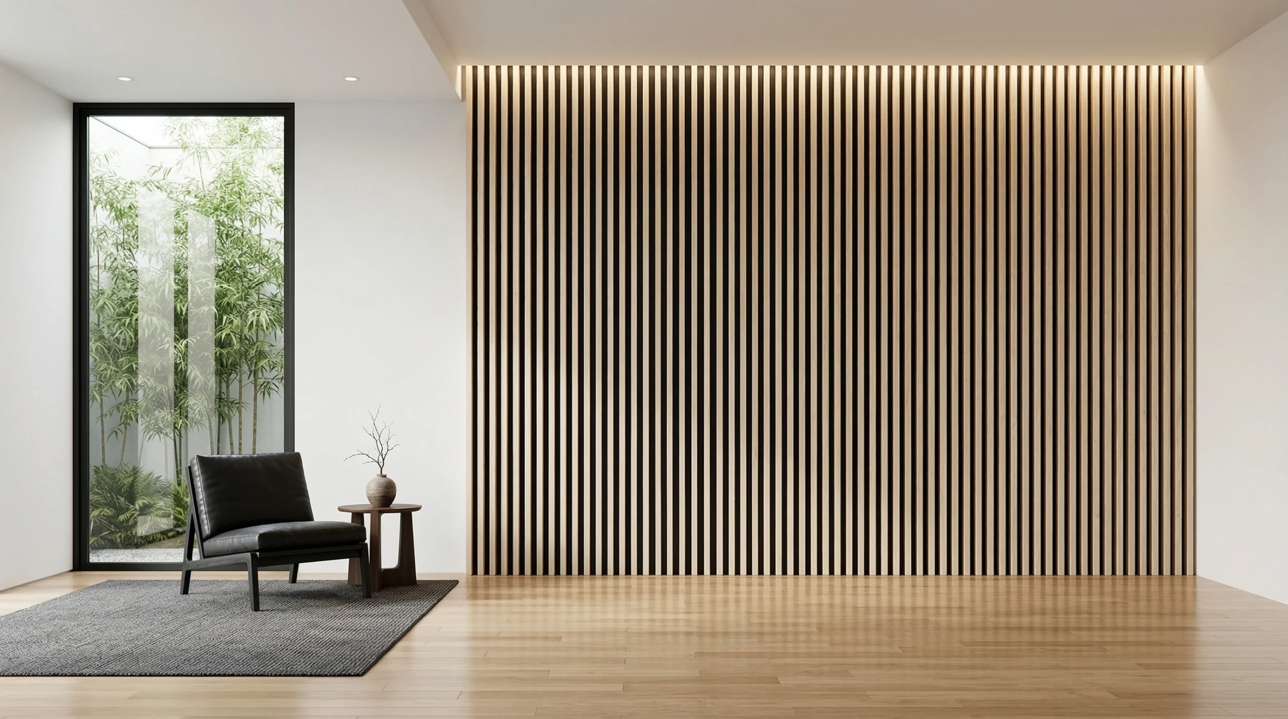 Contemporary wooden slat accent wall Dubai residential carpentry