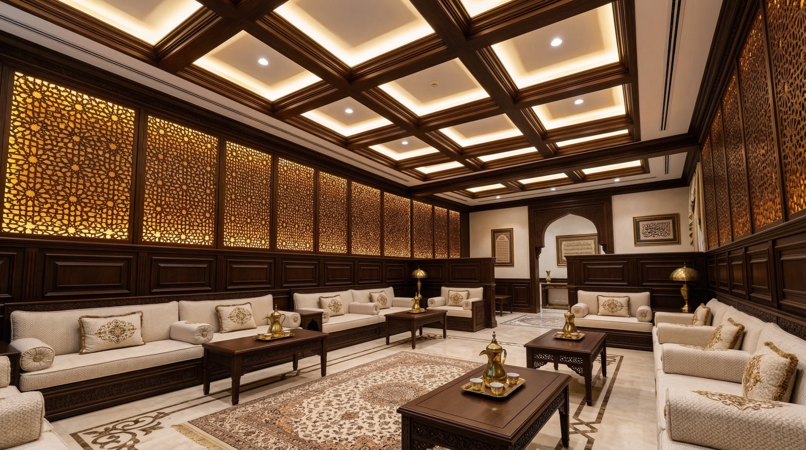Custom wall paneling and ceiling carpentry majlis room Dubai