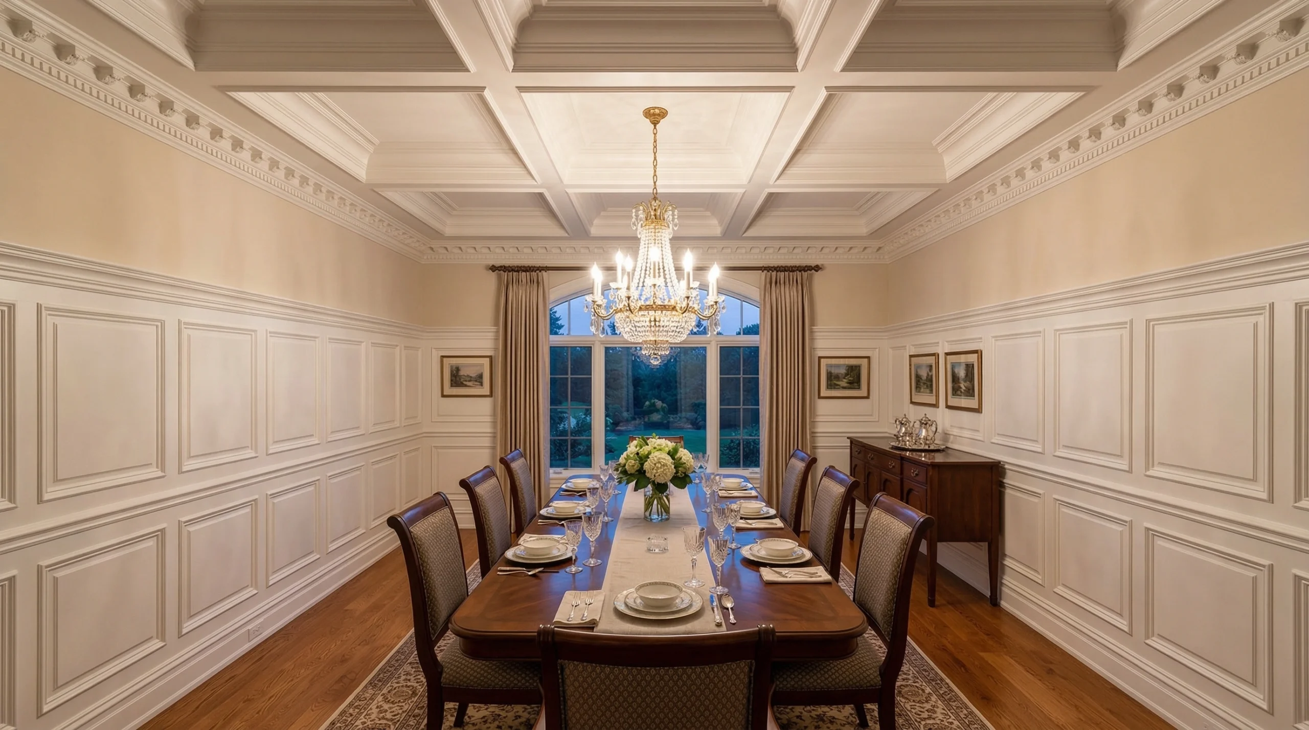 Traditional wainscoting and coffered ceiling carpentry UAE