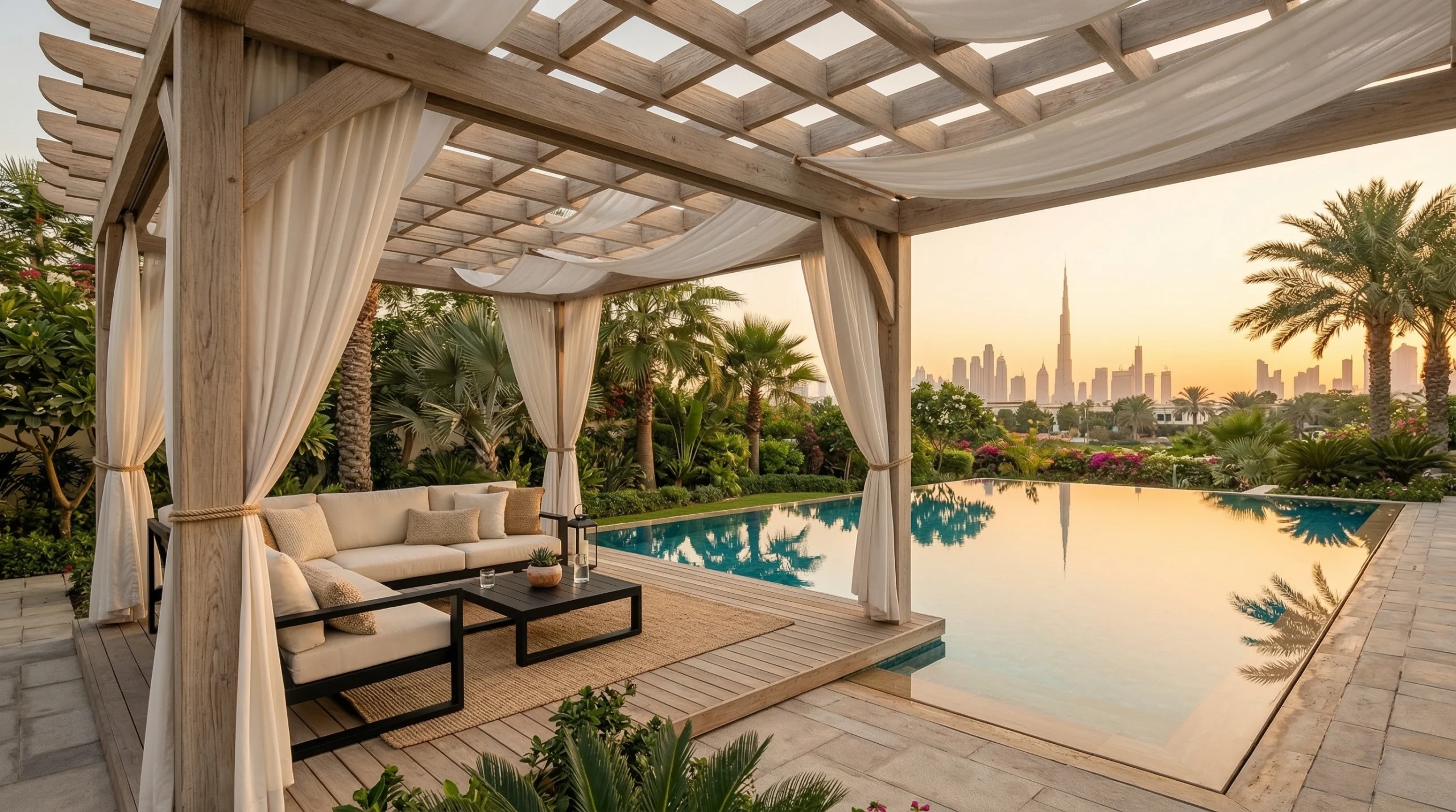 Custom wooden pergola outdoor carpentry Dubai villa
