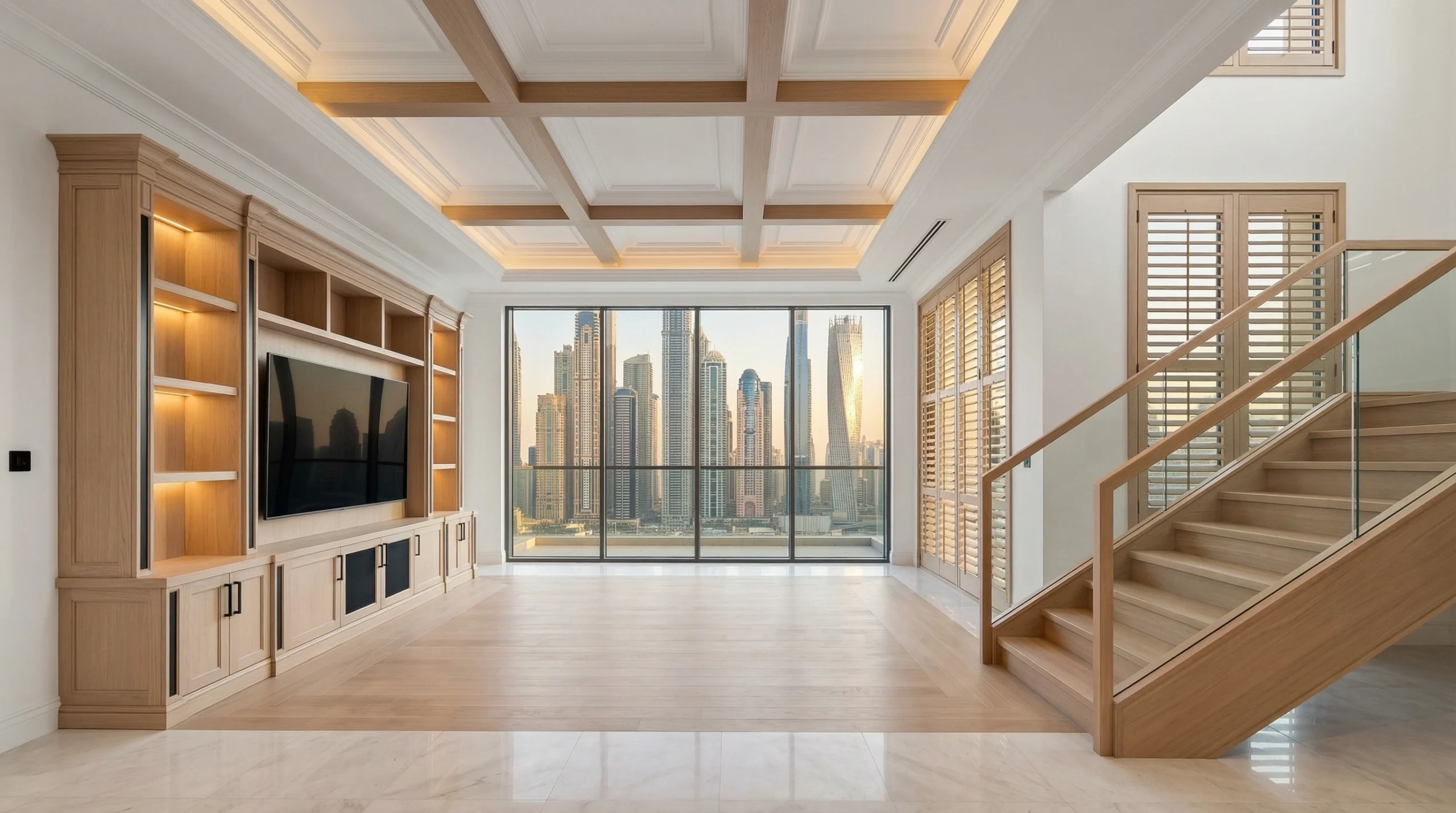Luxury residential carpentry installation in Dubai villa showcasing custom woodwork and entertainment center by Karnak Carpentry