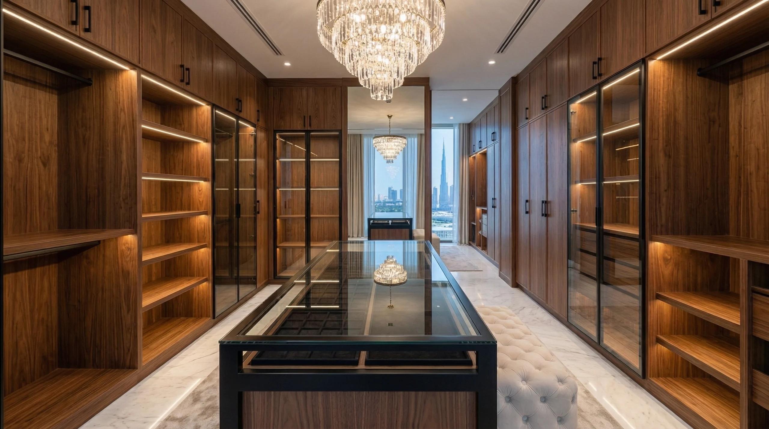 Luxury walk-in closet custom carpentry Dubai villa by Karnak