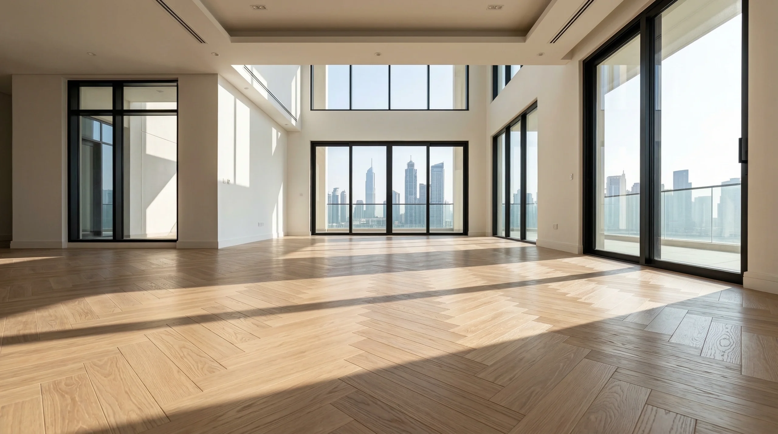 Herringbone oak wooden flooring installation Dubai villa living room