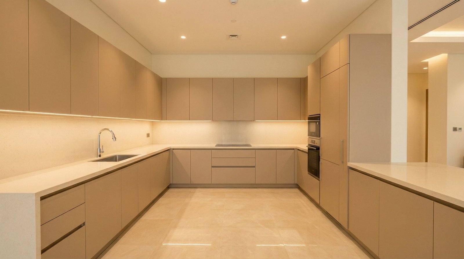 Custom kitchen cabinet installation in warm beige lacquer with integrated handles and LED lighting in UAE villa