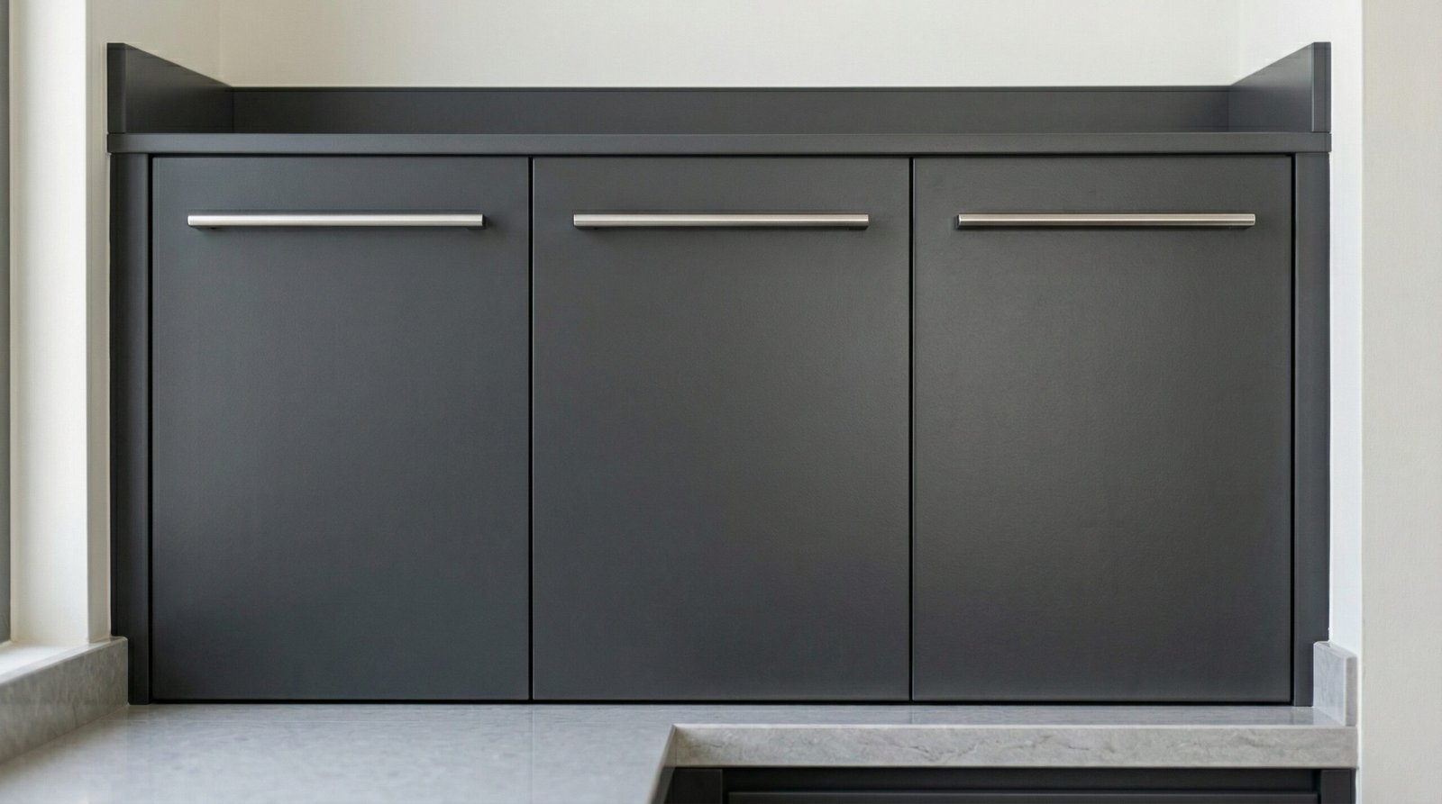 Close-up detail of custom charcoal grey kitchen cabinet doors with uniform gaps and brushed nickel handles in UAE installation